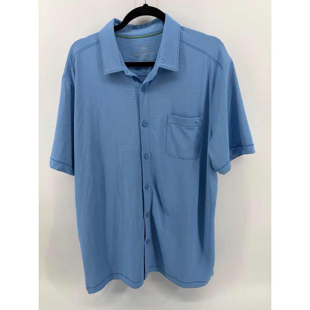 Tommy Bahama, Blue Ribbed Striped Short Sleeve Shirt, Recycled Nylon Stretch, XL